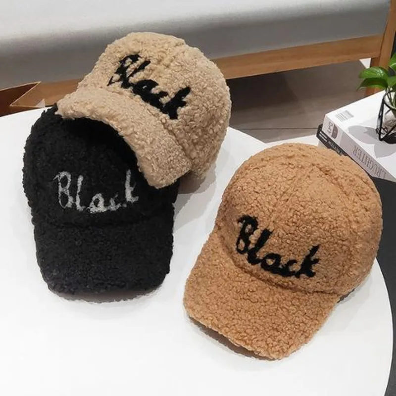 

Cap Lamb Wool Letters Embroidery Autumn And Winter Plush Baseball Caps Warm And Thick Lamb Fur Brim Men And Women Hats