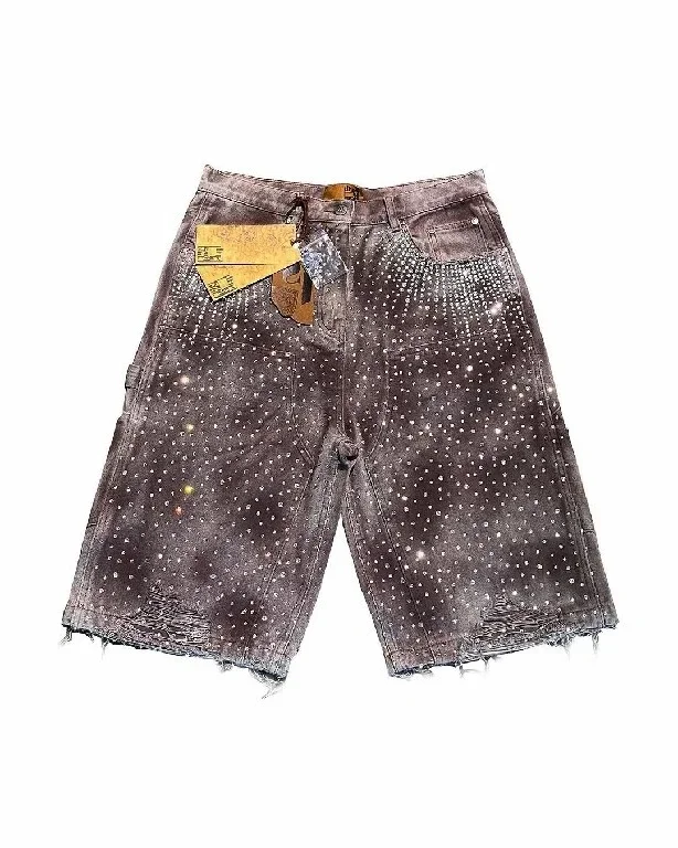 Streetwear Shorts Y2K Jeans Mens American Hip Hop Retro Rhinestones Sequins Baggy Denim Gym Shorts High Waist Casual men jeans denim pants denim shorts summer jeans shorts