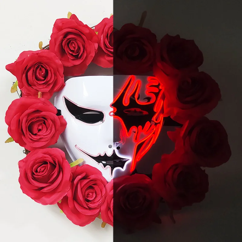

Artificial Red Rose Wreath with Luminous Mask, Horror Halloween Wreath for the Front Door, Home Decoration