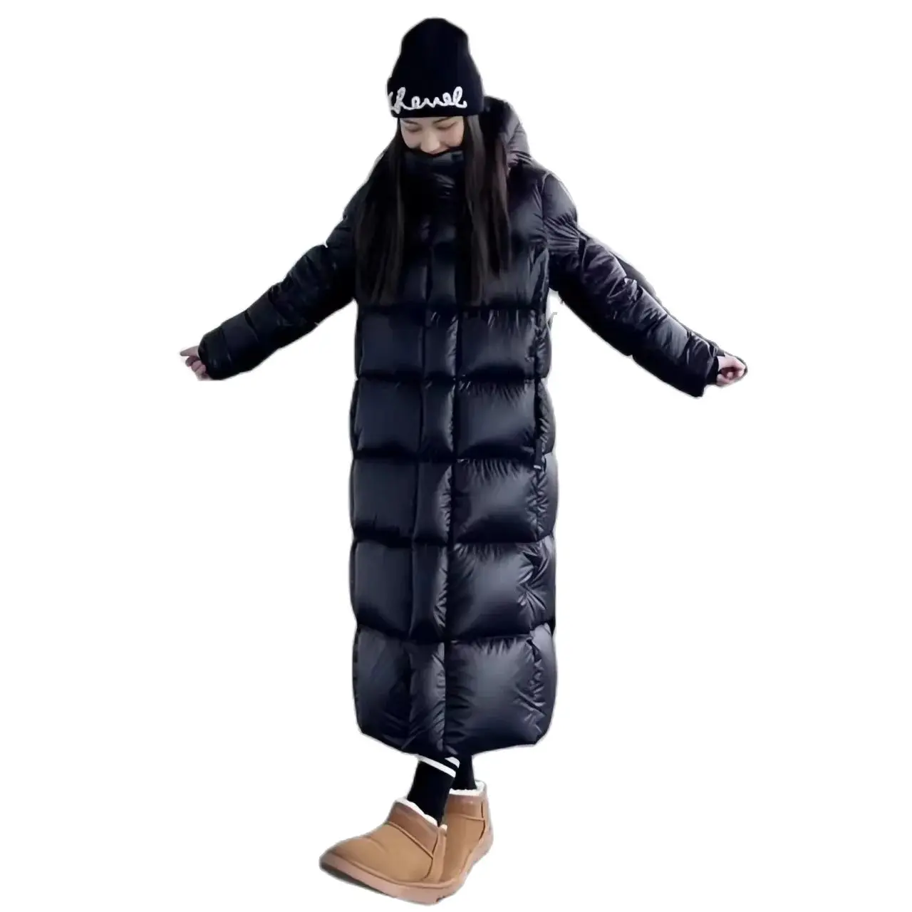 Black Glossy Down Jacket, Long and Thick Hooded Couple's Black, Gold, and White Duck Down Wash Free Jacket, New for Winter