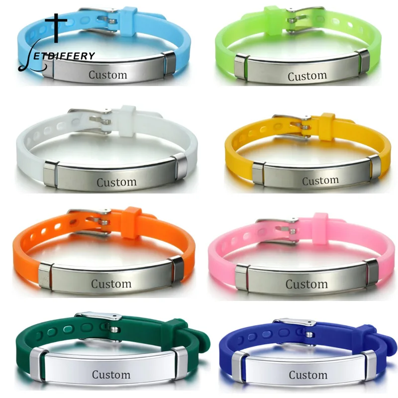 

Letdiffery Engrave Name Date ID Soft Silicone Bracelets Stainless Steel Custom Text Logol Anti Lost Bangle Jewelry Dropshiping