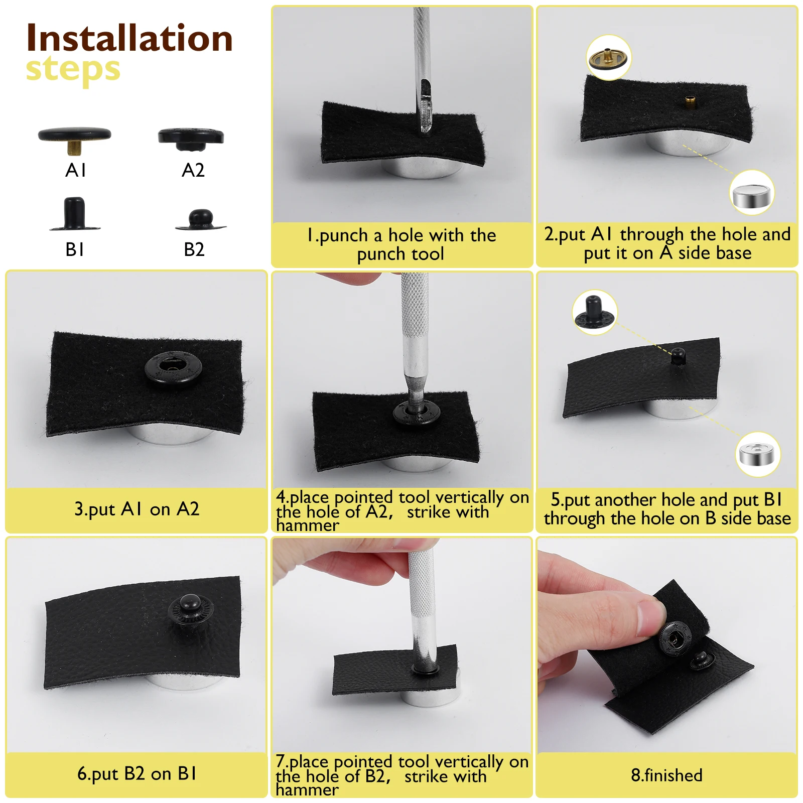 12 Sets 0.6inch Metal Snap Buttons Kit with 4 Installation Tools DIY Snap Button Leather Buckles for Clothes Jackets DIY Crafts