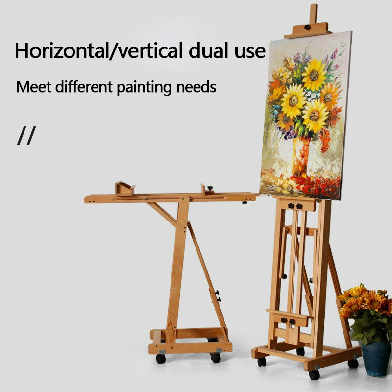 Beech horizontal dual-purpose easel adjustable folding display frame with wheel special painting frame for sketching students