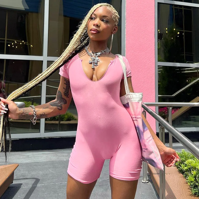 

Zoctuo 2023 Summer New Short Sleeve Pink Rompers V-Neck Sexy Fashion Hollow Fit Playsuit Womens Leisure Street One Piece Outfits