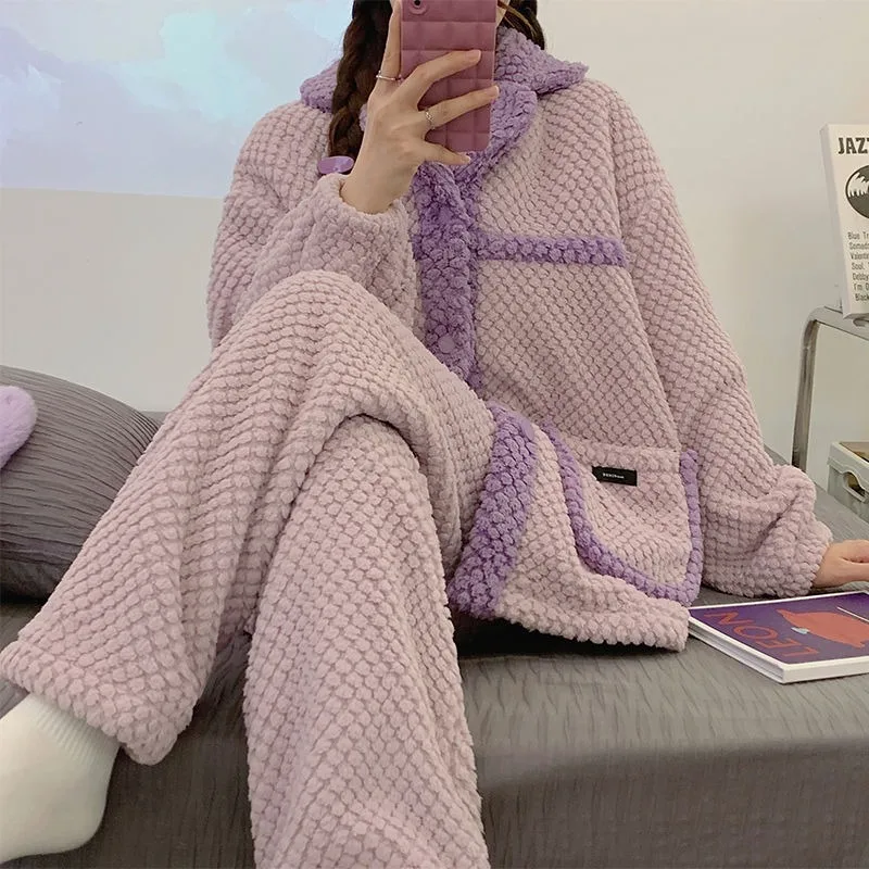 Female Coral Velvet Pajamas Winter Thickened Fleece-lined Long Sleeves Trousers Nightclothes Suit Women Flannel Warm Loungewear