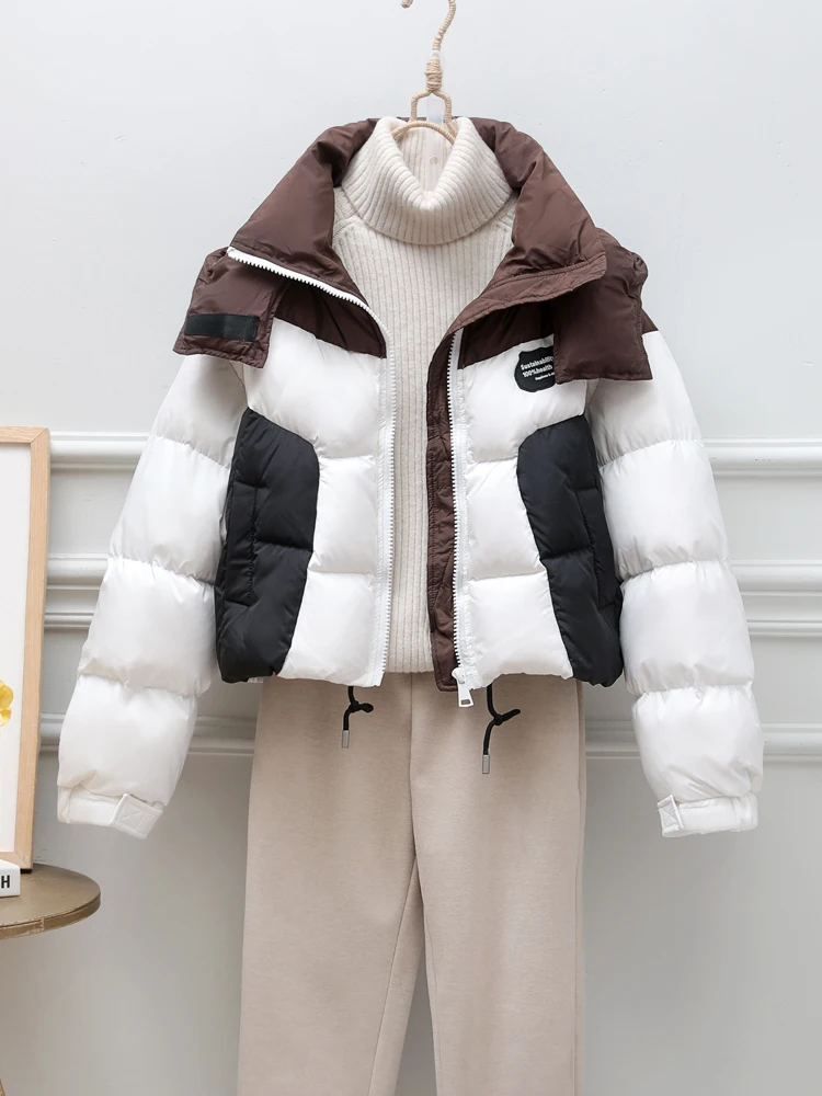 Casual Short Contrast Color Down Jacket Female 2023 New Winter Clothes Korean Fashion Stitching Long Sleeve Puffer Jacket Women