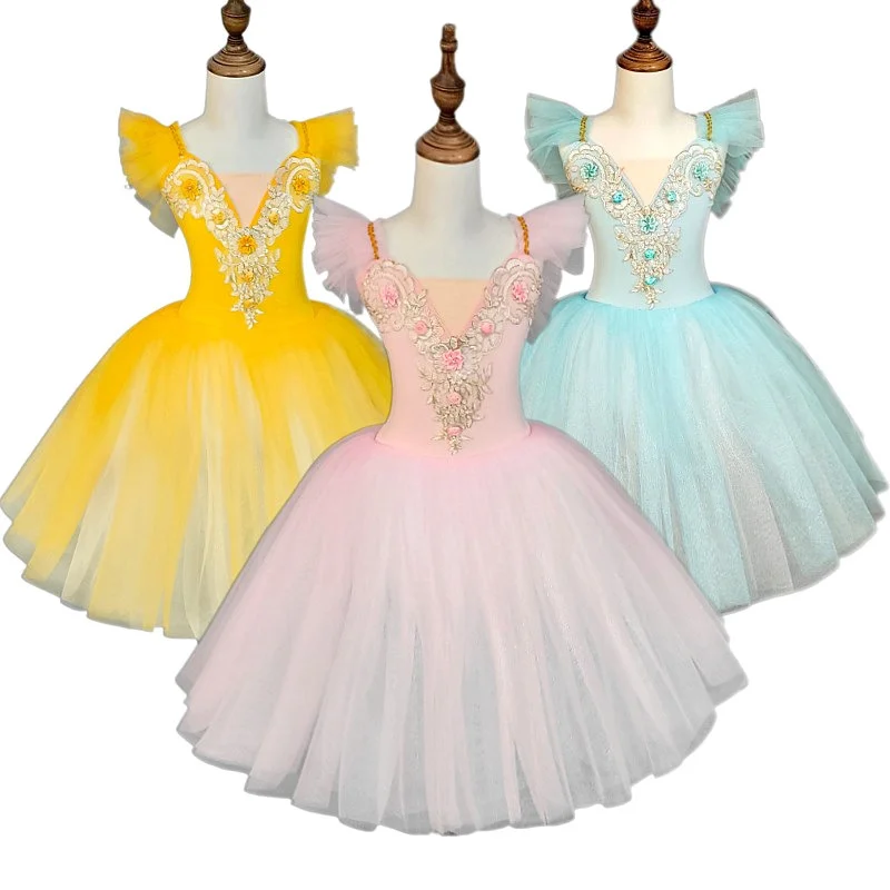 

Балетные трико для девочек, юбка из блестящего тюля с оборками на рукавах, платье с заколкой для волос, цельнокроеный наряд