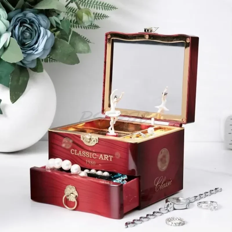 Classic Rotating Music Box Creative Dancing Girl Clockwork Jewelry Storage Box with Mirror Ornaments Birthday Christmas Gifts