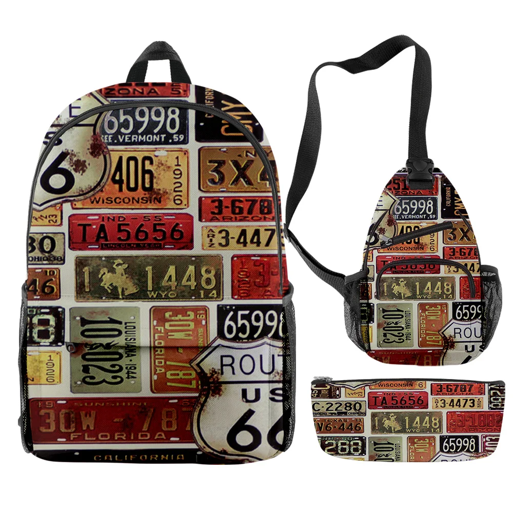 Popular Fashion Funny route 66 3D Print 3pcs/Set pupil School Bags Trendy Travel Laptop Backpack Chest Bag Pencil Case