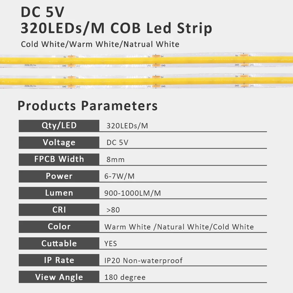 5V USB COB LED 스트립 라이트 320Leds/M 디밍 스위치 포함 따뜻한 자연 백색 3000K 4500K 6500K 유연한 라이트 벨트 홈 데코용