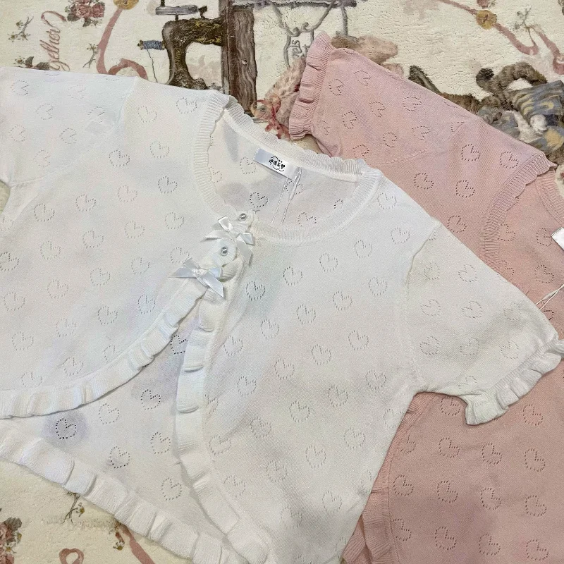 Cute Knitted Cardigan Women Pearl Button Bow Decoration Heart Hollow Out Short Sweater for Sweet Girl Kawaii Clothes