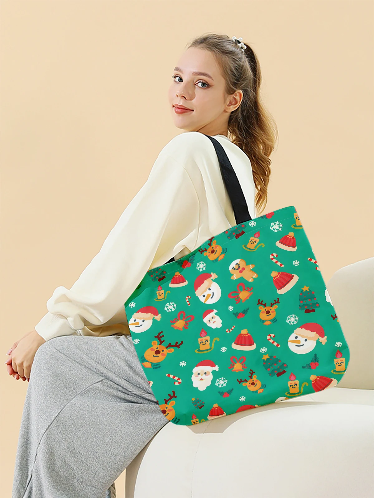 Christmas themed printed casual handbag, reusable fashionable backpack, multifunctional handbag, canvas shopping bag