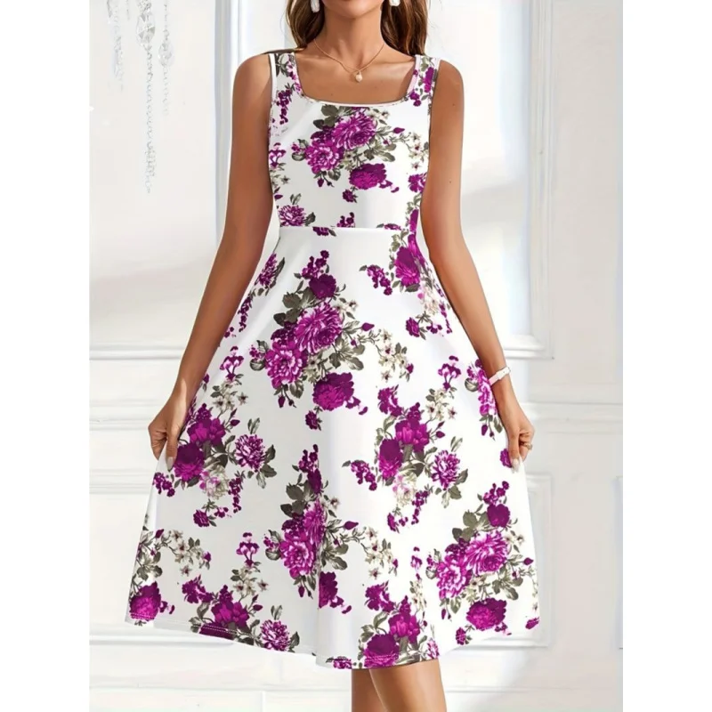 New Plus Size Floral Print Square Neck Sleeveless Dress - Flared Skirt, Stretchy Fabric, Machine Washable, Spring/Summer Ca