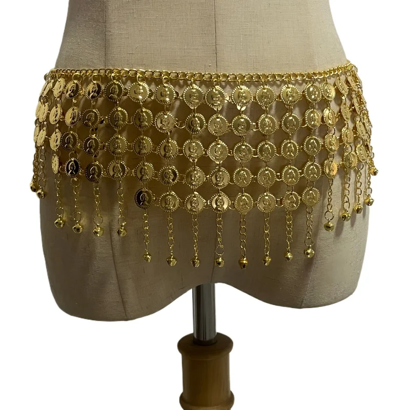 Gold Coin Alloy Waist Chain Belt with Bells - Five-Layer Belly Dance Performance Accessory