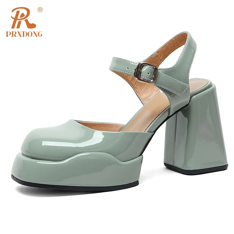 

PRXDONG New Arrival Genuine Leather Chunky High Heels Platform Shoes Woman Pumps Black Blue Summer Dress Party Office Lady 39