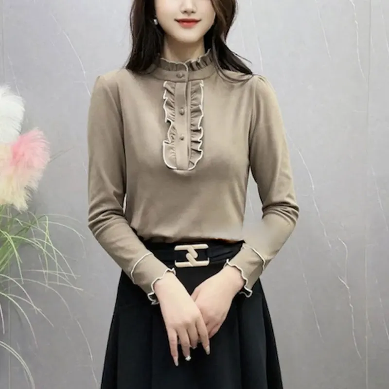 

Korean Stand Collar Folds Spliced Shirt Autumn Winter Basic Solid Color Women's Clothing Stylish Edible Tree Fungus Slim Blouse