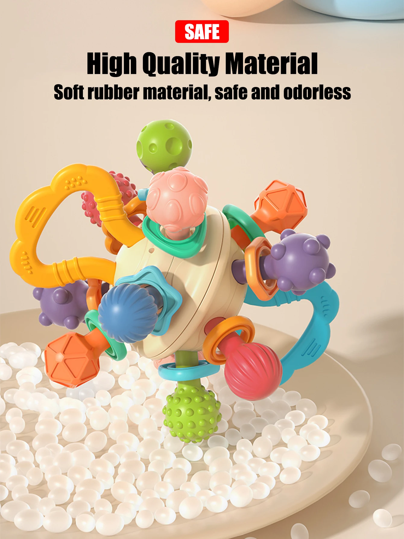 1 piece of early sensory training ball for infants aged 0-1 years old. A soft rubber grip ball that makes a sound when shaken 6