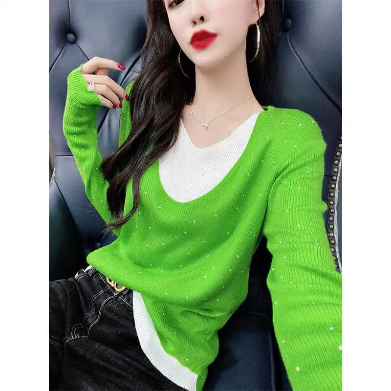 

Elegant V-Neck Spliced Knitted Diamonds Fake Two Pieces Sweater Women's Clothing 2022 Autumn New Casual Pullovers Chic Tops