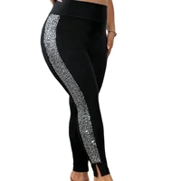 Women's Plus-size Elegant Solid Color Stretch Leggings Fashion Sequin Side Seam Slim Pants - Image 4