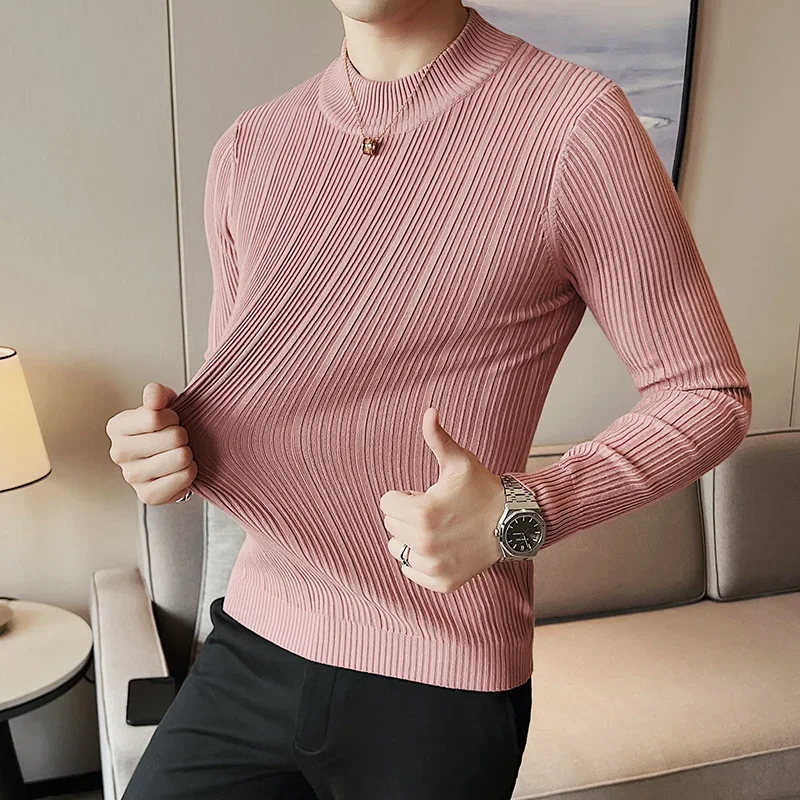 2024 Fashion Slim Fit Turtleneck Knitted Sweater Men Slim Fit Clothing Autumn New Casual Stripe Pullovers All-match Warm Tops