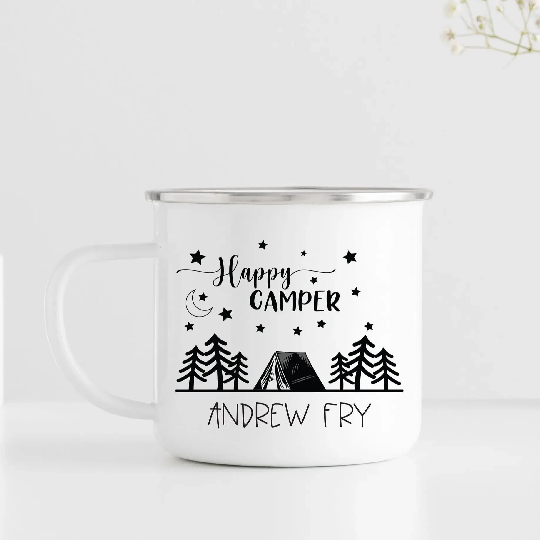 Tazza Personalizzata Con Nome Personalizzato Per Camper Tazza Per Falò, Tazza Da Campeggio Happy Mountain, Tazza Smaltata Personalizzata