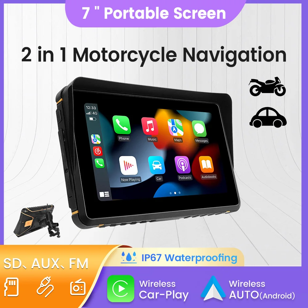 Navigazione Gps Carplay Motorcycle Schermo Portatile Da 7 Pollici Navigatore Per Moto Ip67 Impermeabile Per Wireless Apple Carplay Android Auto Gps Pe
