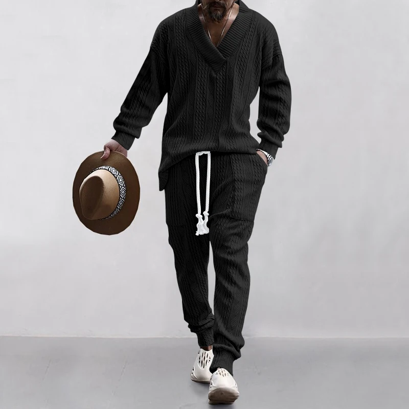 Men's V-Neck Long Sleeved Top And Pants Slim Fit Two-Piece Set, Fashionable Street Casual Knitted Solid Jacquard Sweater Set