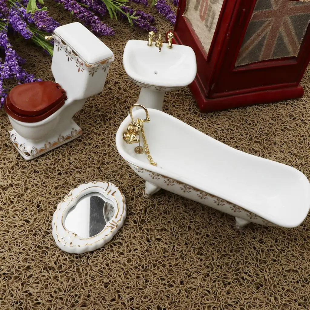1/12 Dollhouse Miniature Bathroom Toys Set Furniture Toilet Bathtub Basin #1 3