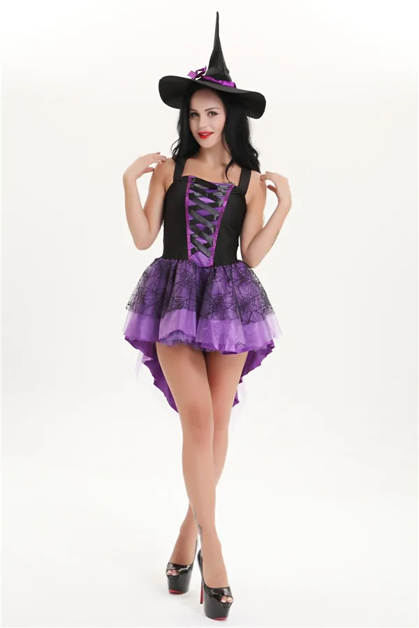 Plus Size S-XXL Halloween Witch Costume For Women Adult Sexy Purple Swallow Tail Braces Dress Hat Carnival Party Female Suit