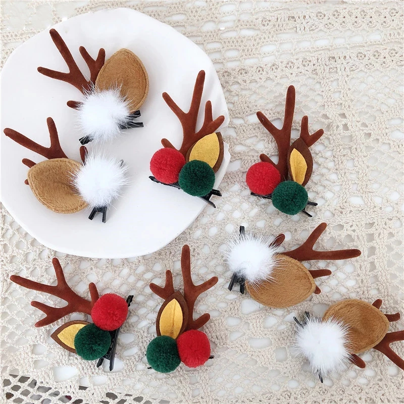 2Pcs/Set Christmas Hair Clips For Girls Cute Deer Ear Hairgrips Kids Xmas Antler Hairpin Barrette Hair Accessory Party Headwear