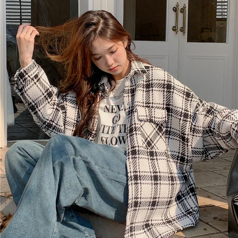 2023 Autumn and Winter New Women Jackets Versatile Loose Mid Length Plaid Shirt Jacket Female Winter Clothes Women
