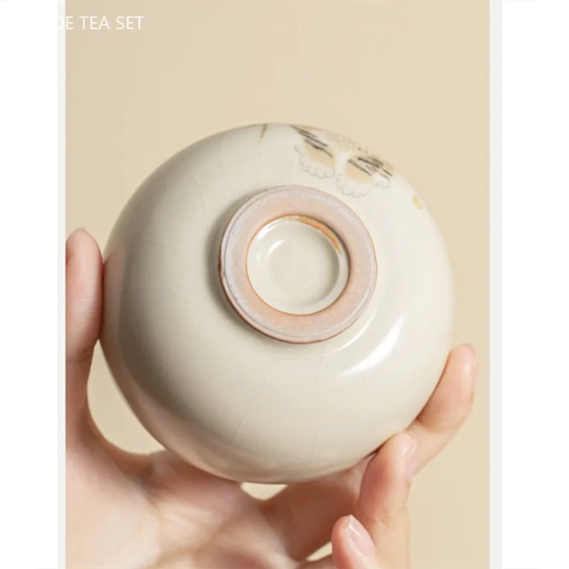 2pcs Beige Ru Kiln Ceramic Cup Chinese Light Luxury Retro Zen Tea Cup Handmade Portable Master Cup Traditional Tea Accessories