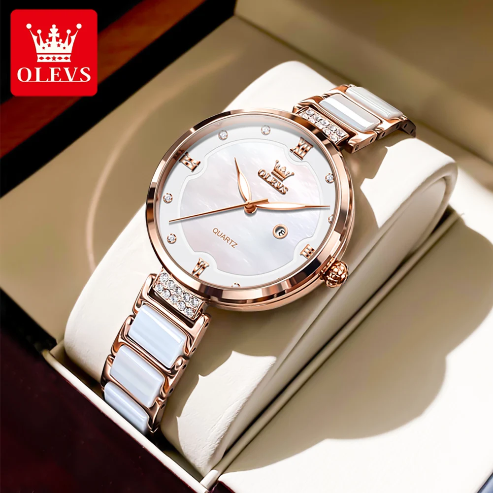 Olevs 5589 Originele Quartz Horloge Voor Vrouwen Keramische Stalen Band Kalender Luxe Dames Polshorloge Waterdichte Lichtgevende Jurk Horloge