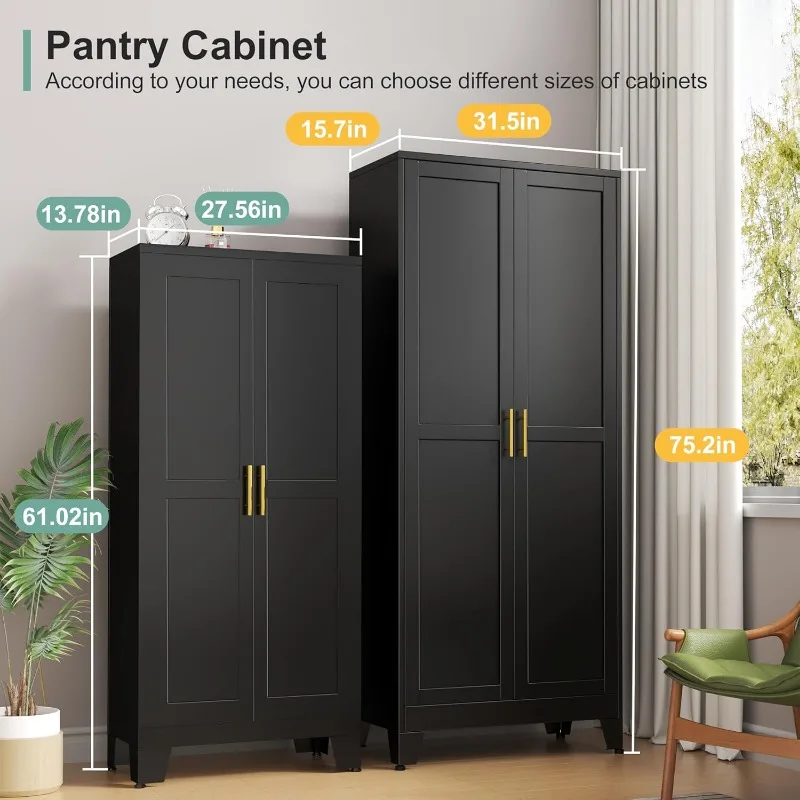 Metal Pantry Cabinet with 2 Doors and 5 Adjustable Shelves, 75" Kitchen Storage cabinets with Gold Handles, Versatile Storage