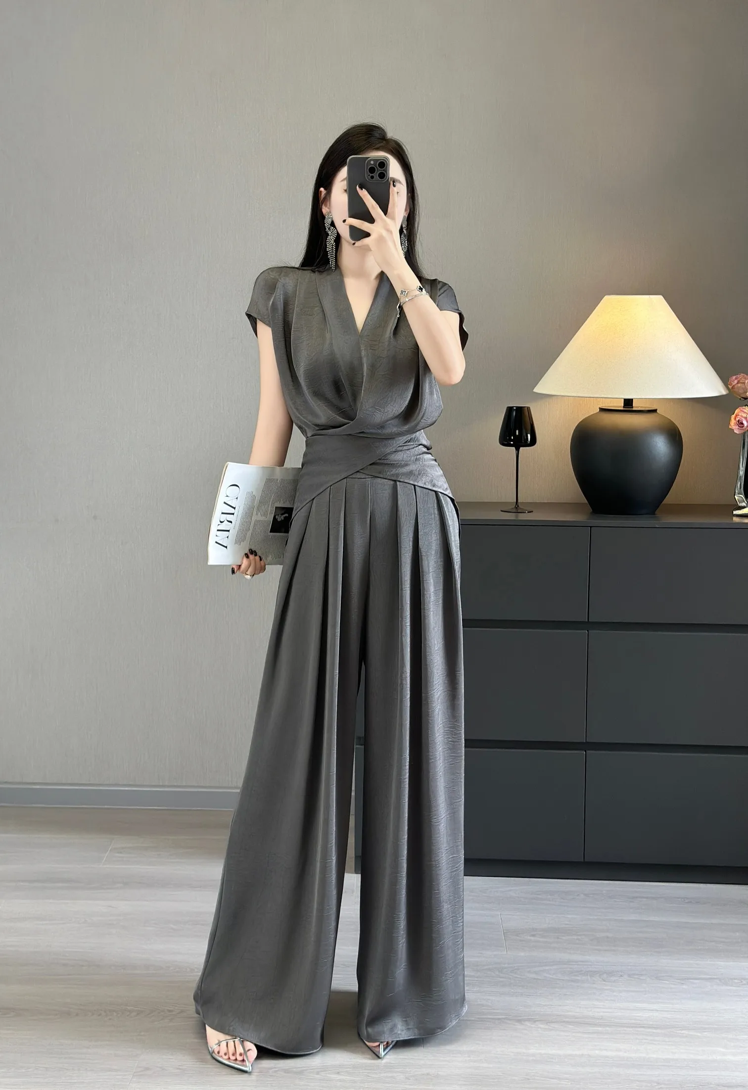 ZJYT Summer Lace Up Top and Wide Leg Pants 2 Piece Matching Sets Office Lady Work Wear Elegant Chic Trousers Suit Clothes Khaki 3