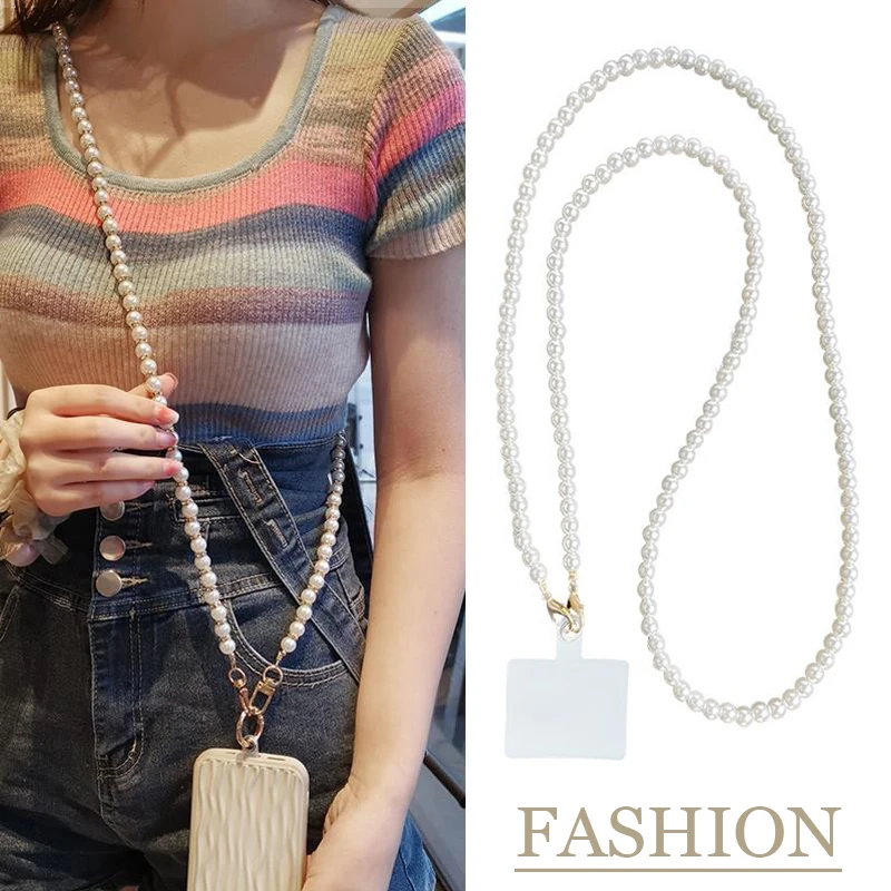 Elegant Pearl Chain Crossbody Lanyard with Detachable Keychain