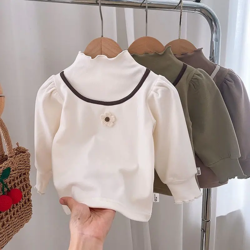 

Girls' Off Size Autumn Winter Long Sleeve Flower Cute T-shirts Solid Kawaii Kids Pullover Children's Clothing Sweet Baby Tops