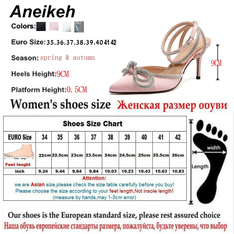Aneikeh PVC Style Glitter Rhinestones Women Pumps Crystal Bowknot Satin Lady Silk High Heels Party Shoes 2025 Spring Size 35-42