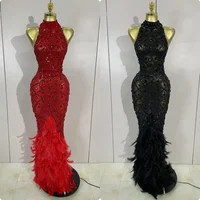 Luxury Sparkly Red Rhinestones Feather Sexy Mesh See Through Long Dress Women Birthday Evening Nightclub DJ Dancer Stage Costume