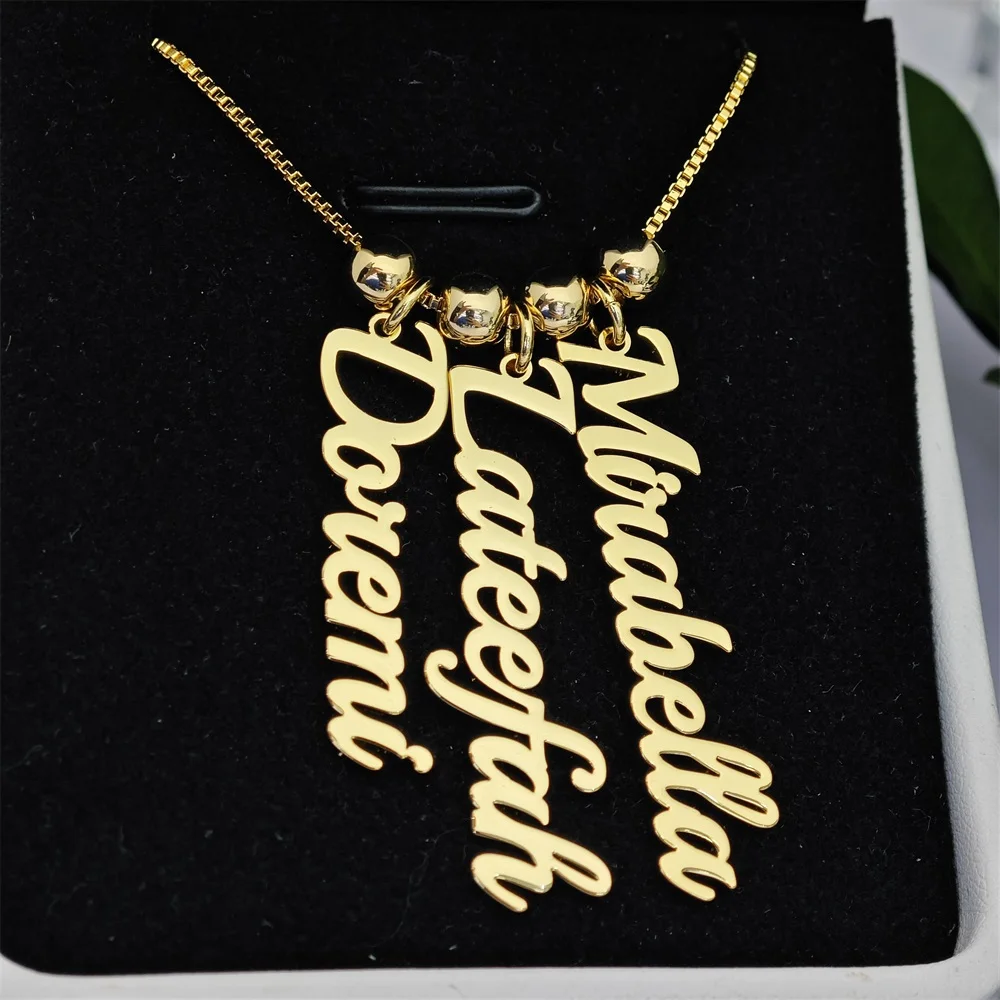 2023 Custom Name Beaded Necklace Personalize Gold Plated Stainless Steel Family Name Necklace For Women Jewelry Gifts