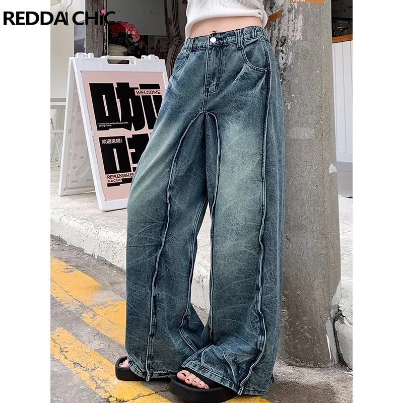 

REDDACHiC Twist Line Patchwork Women Baggy Jeans Cracked Vintage Wash Elastic Waist Casual Wide Leg Pants Korean Y2k Streetwea
