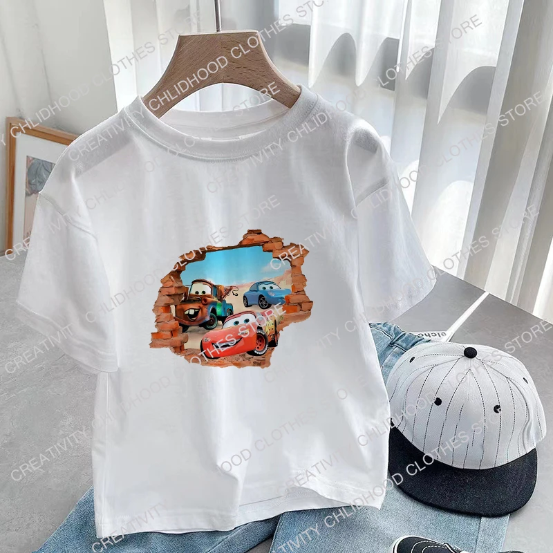 Camiseta de dibujos animados de Disney Cars para niños, camisetas de Rayo McQueen para niños, Tops Kawaii de Anime, ropa informal para niños y niñas, manga corta