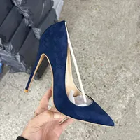 Navy Blue Women Synthetic Suede High Heels Pointed Toe Slip on OL Ladies Stiletto Pumps 8 10 12cm Fashion Wedding Shoes 1