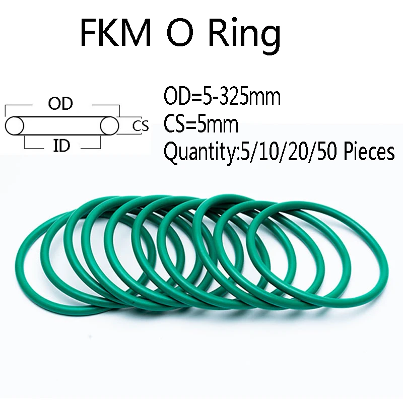 

5/10/20/50pieces O Ring CS 5mm OD 15-325mm Green FKM Fluorine Rubber O-Ring Mechanical Seal High Temperature Resistant