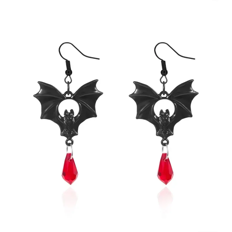Punk Gothic Vampire Bat Earrings for Women Witch Halloween Party Jewelry Accessories Red Crystal Vintage Ear Hooks