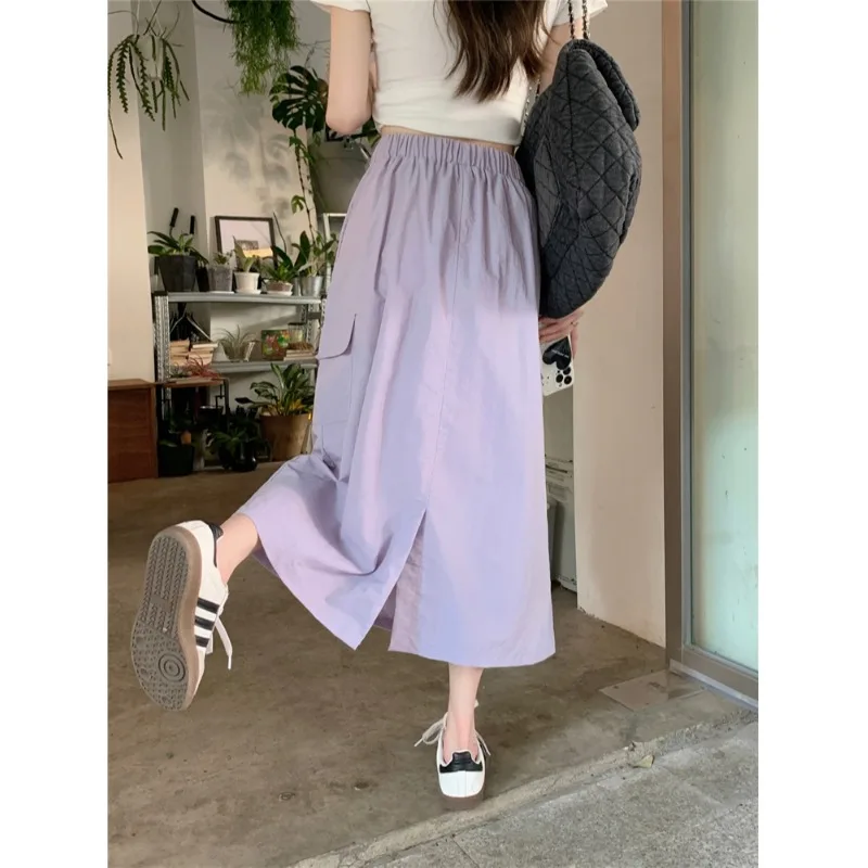 

Korean style gentle purple retro workwear skirt women's summer 2023 New fashion high waist self-tie slit long skirt