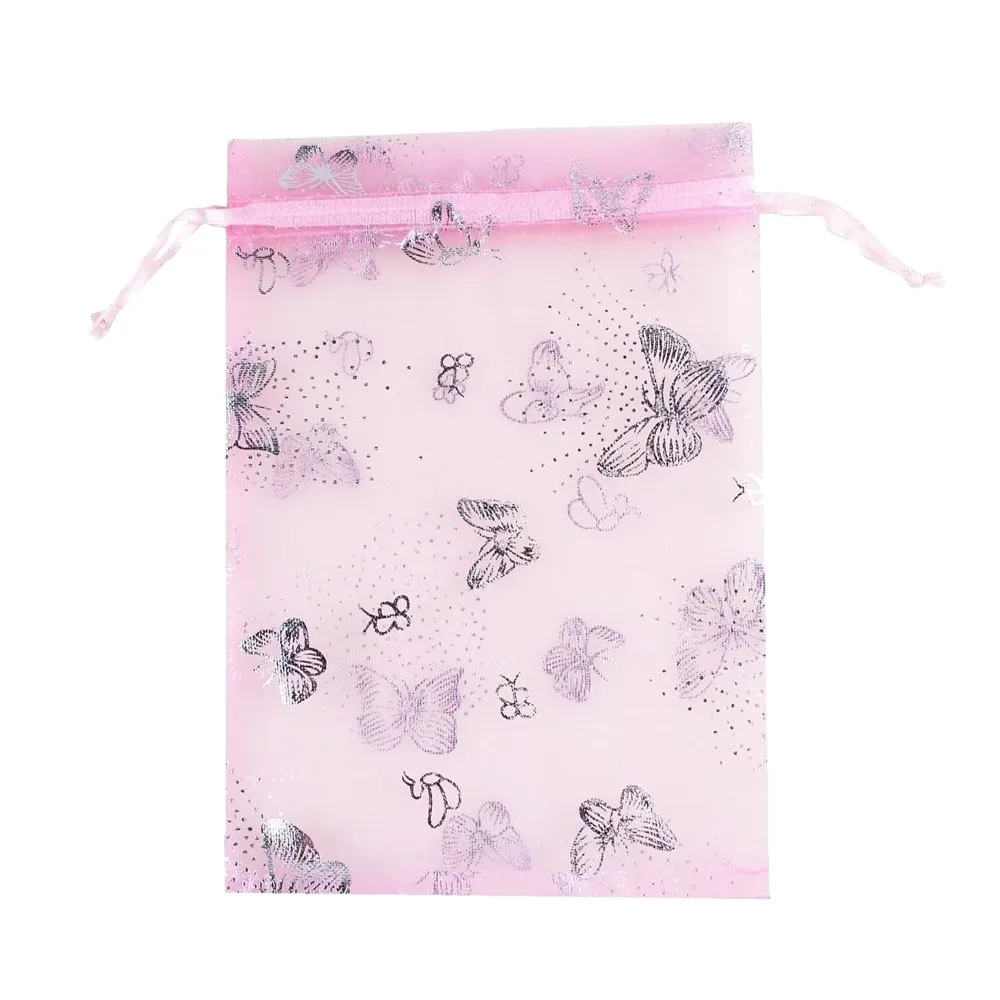 50pcs Pink Organza Bag Butterfly Design Wedding Pouches For Candy Bead Jewelry Gift Small Businesses Packaging Storage Supply