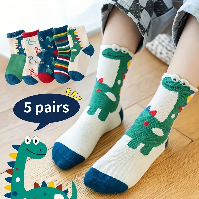 

5 Pairs Boys Casual Dino Pattern Print Knit Socks, Breathable Comfy Crew Socks for Summer and Spring Kids Children's Accessories