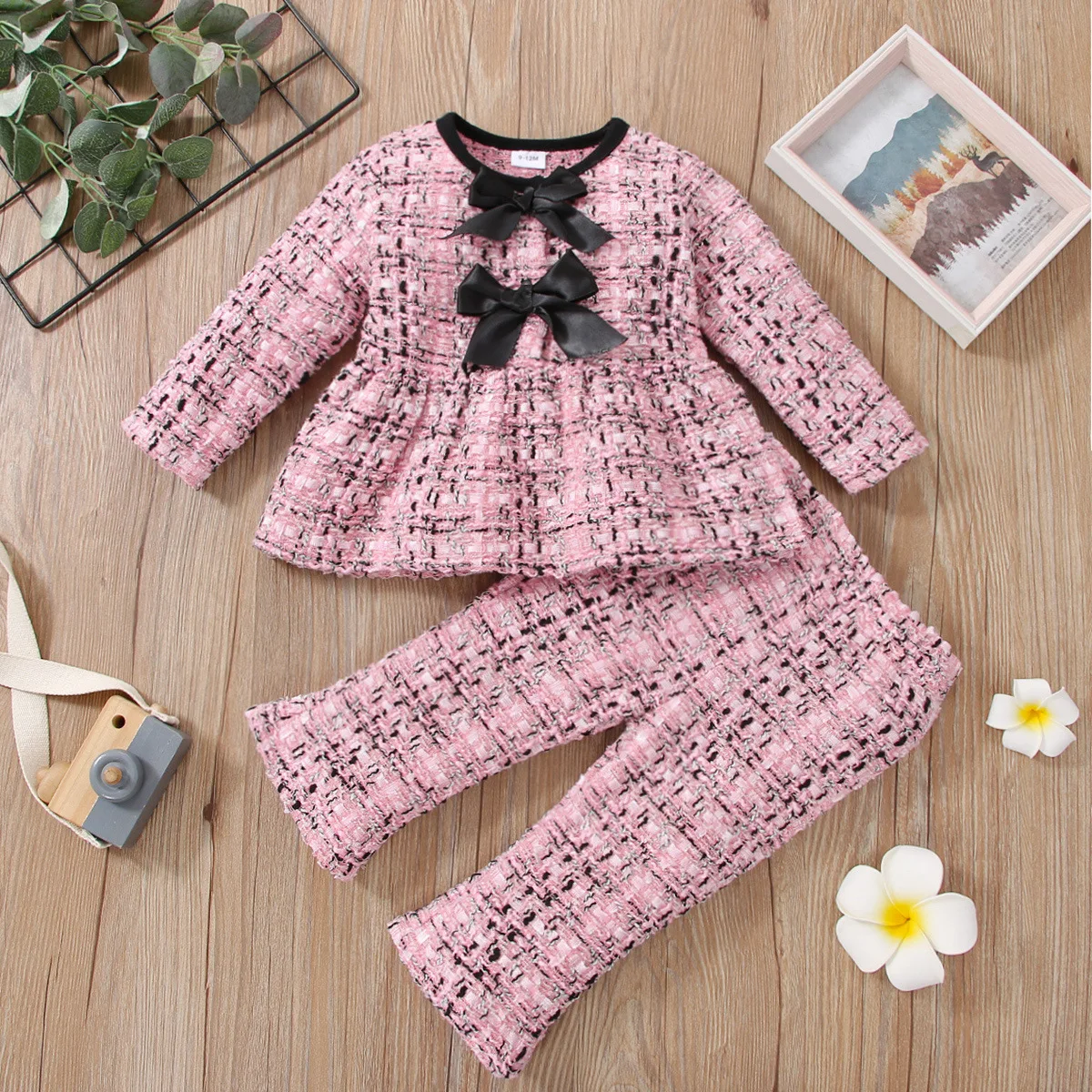 baby's complete set of clothing Fashion Girl Outfits Autumn Winter Pink Double Bow Skirt Top Trousers Baby Kids Formal Teenagers Plaid Children Clothes Set baby's complete set of clothing Baby Clothing Set