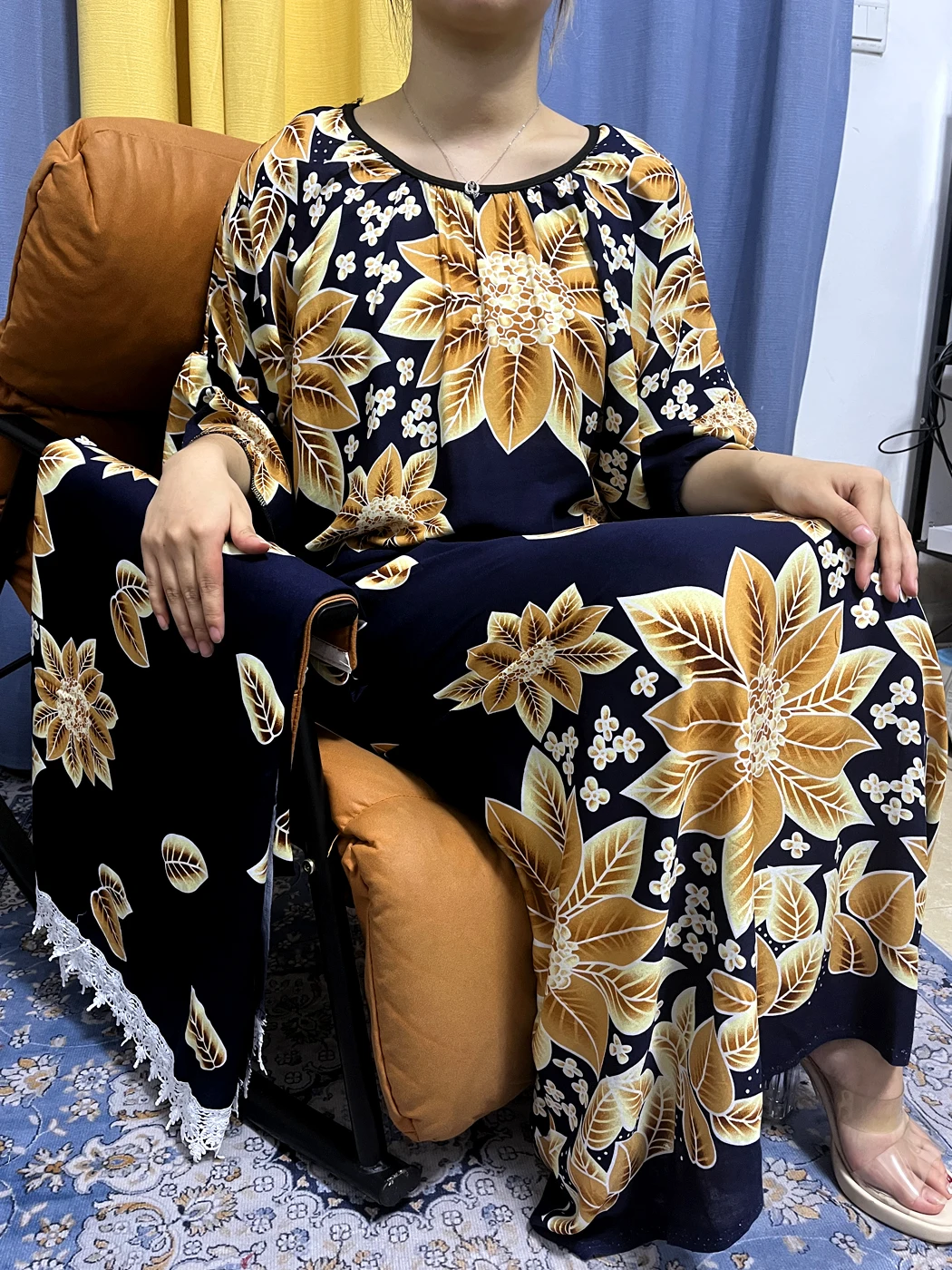 Abayas For Women 2023 Dubai Fashion Floral Cotton Summer O-neck African Prayer Nigeria Islam Dress With Big Lace Shawl Wrap